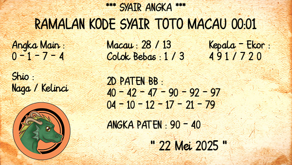 Prediksi Toto Macau 00:01