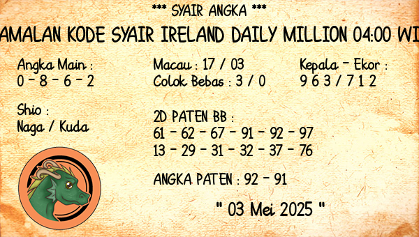 Prediksi Ireland Daily Million 04:00 WIB